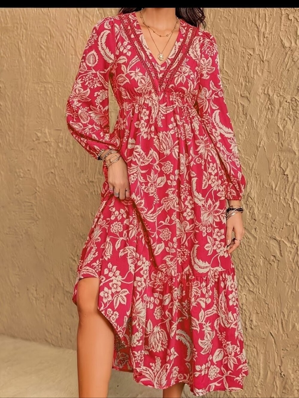Floral V-Neck Long Sleeve Maxi Dress - Pink - Picture 10 of 11